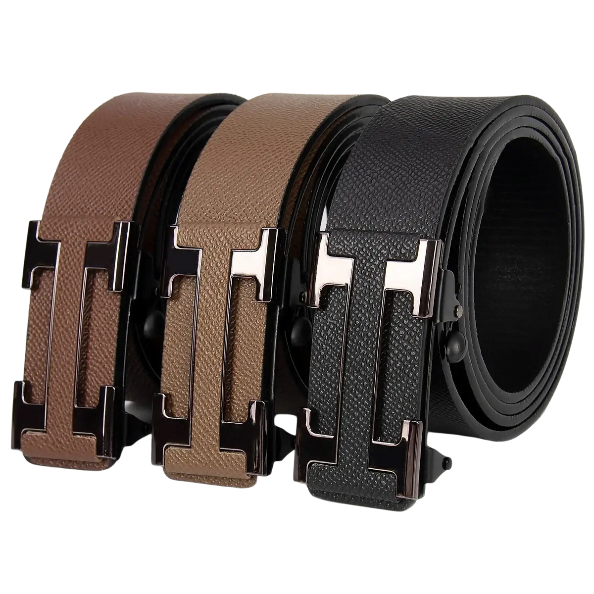Men leather business belts with h-shaped buckles in brown and black textured leather with metallic hardware