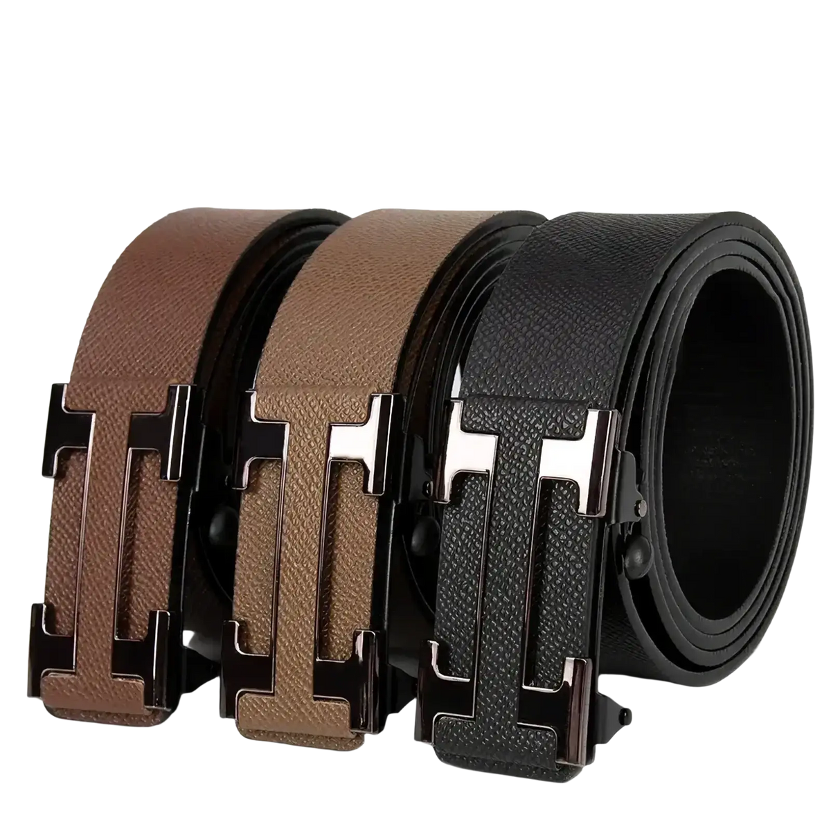 Men leather business belts featuring distinctive h-shaped metal buckles in brown tan and black leather business styles