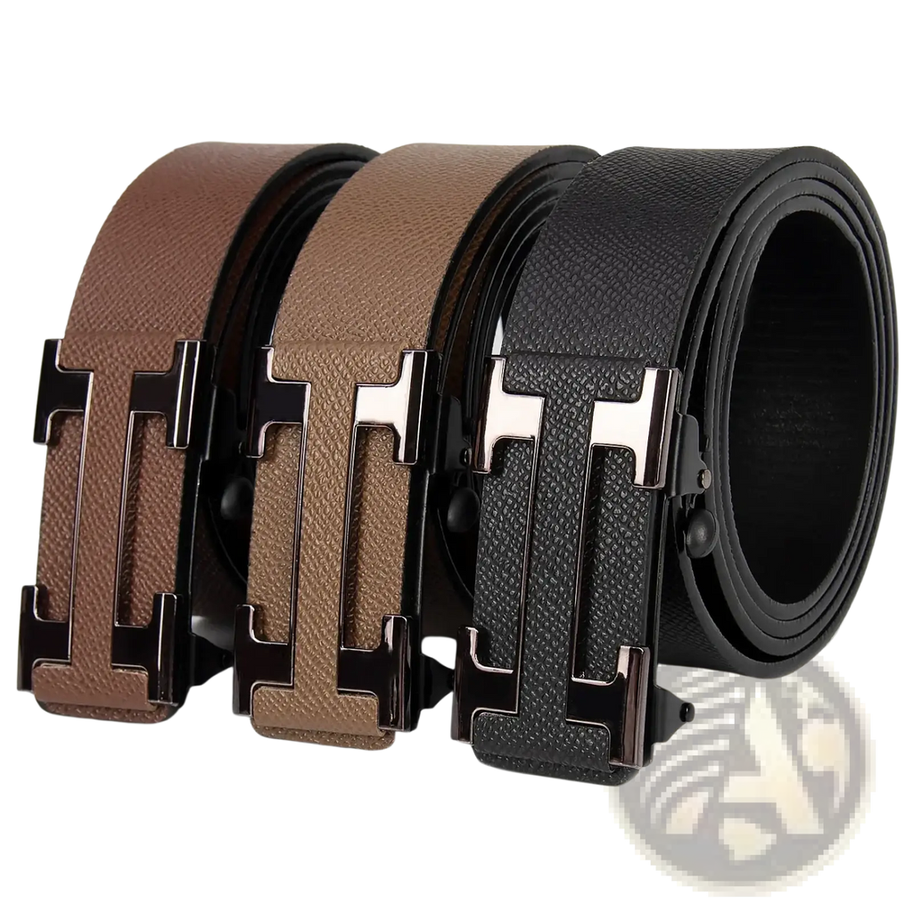 Men leather business belts with h-shaped buckles in brown and black textured leather with metallic hardware