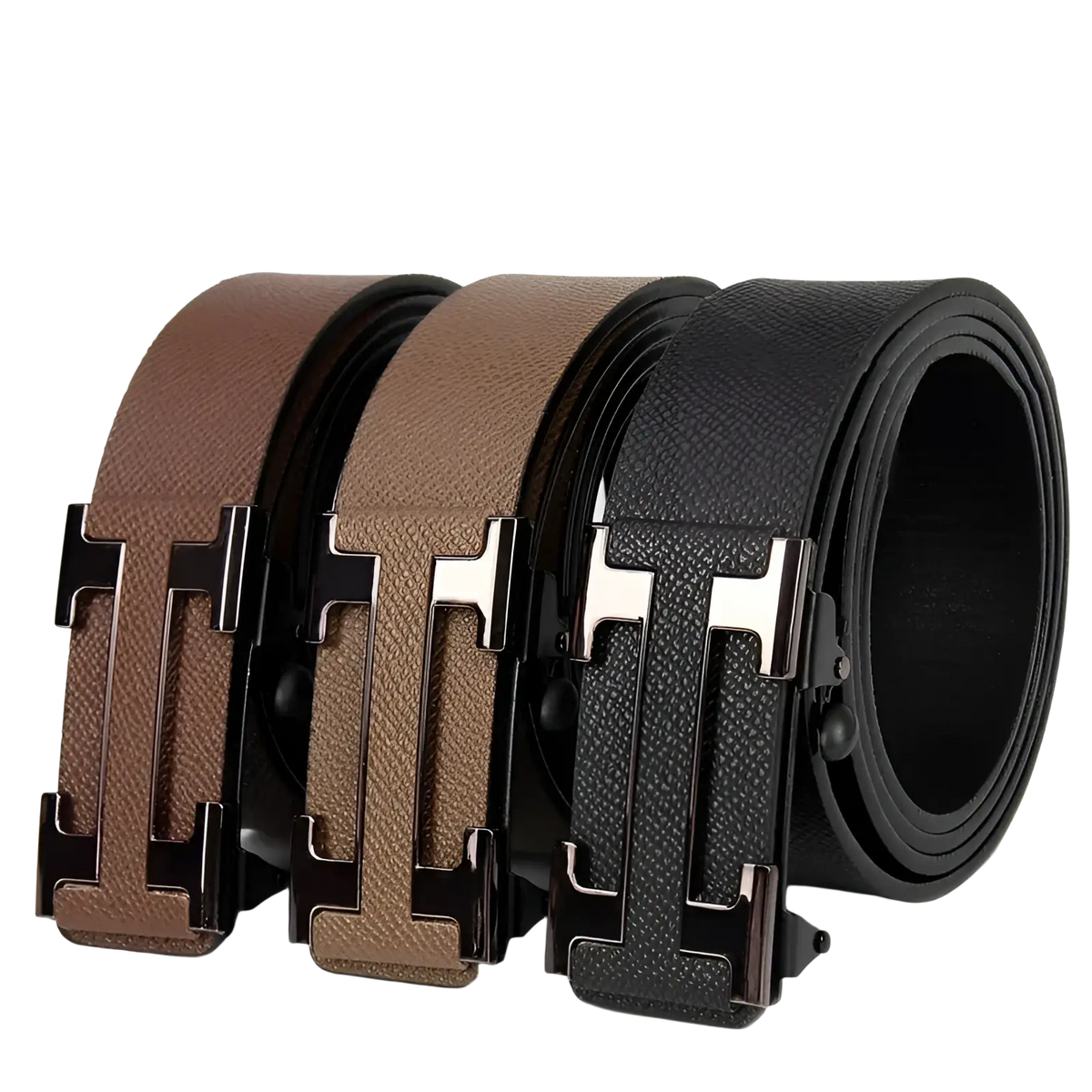 Three leon men leather business belts with textured brown tan and black straps and distinctive h shaped buckles