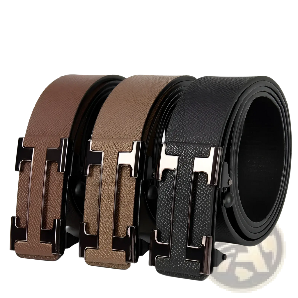 Three leon men leather business belts with textured brown tan and black straps and distinctive h shaped buckles