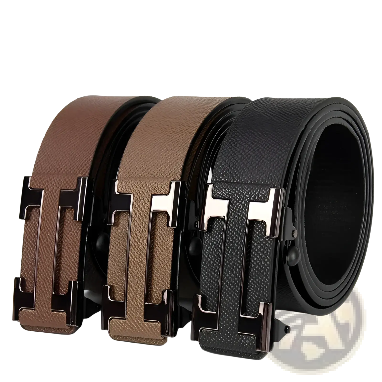 Three leon men leather business belts with textured brown tan and black straps and distinctive h shaped buckles