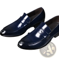 Men leather business dress shoes in deep navy blue patent leather with a pointed slip-on design and polished finish