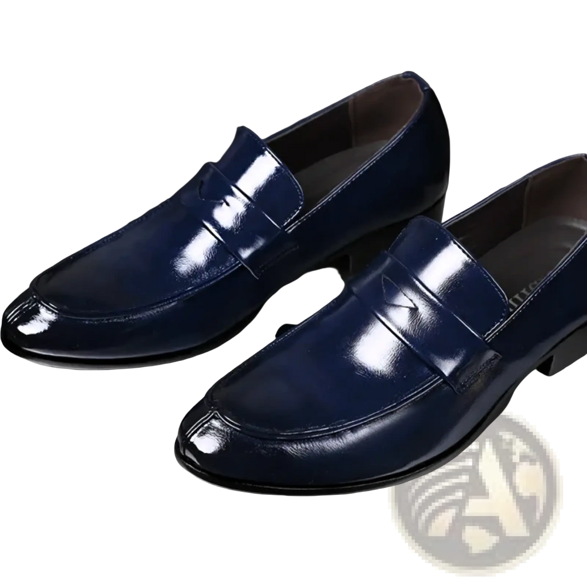 Men leather business dress shoes in deep navy blue patent leather with a pointed slip-on design and polished finish