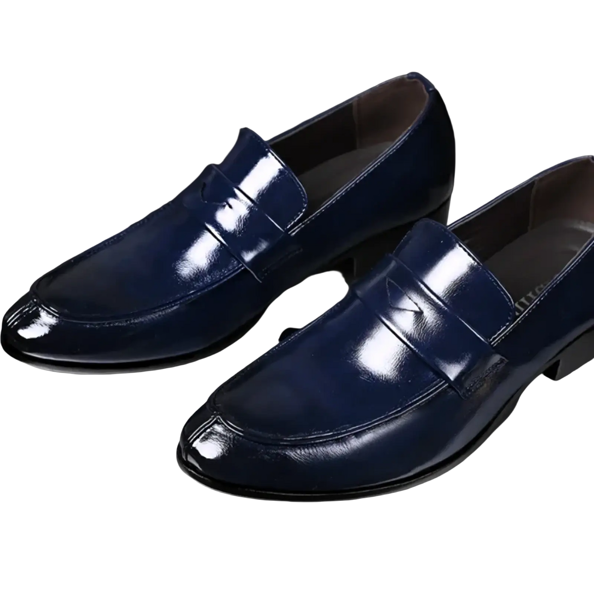 Men leather business dress shoes in deep navy blue patent leather with a pointed slip-on design and polished finish
