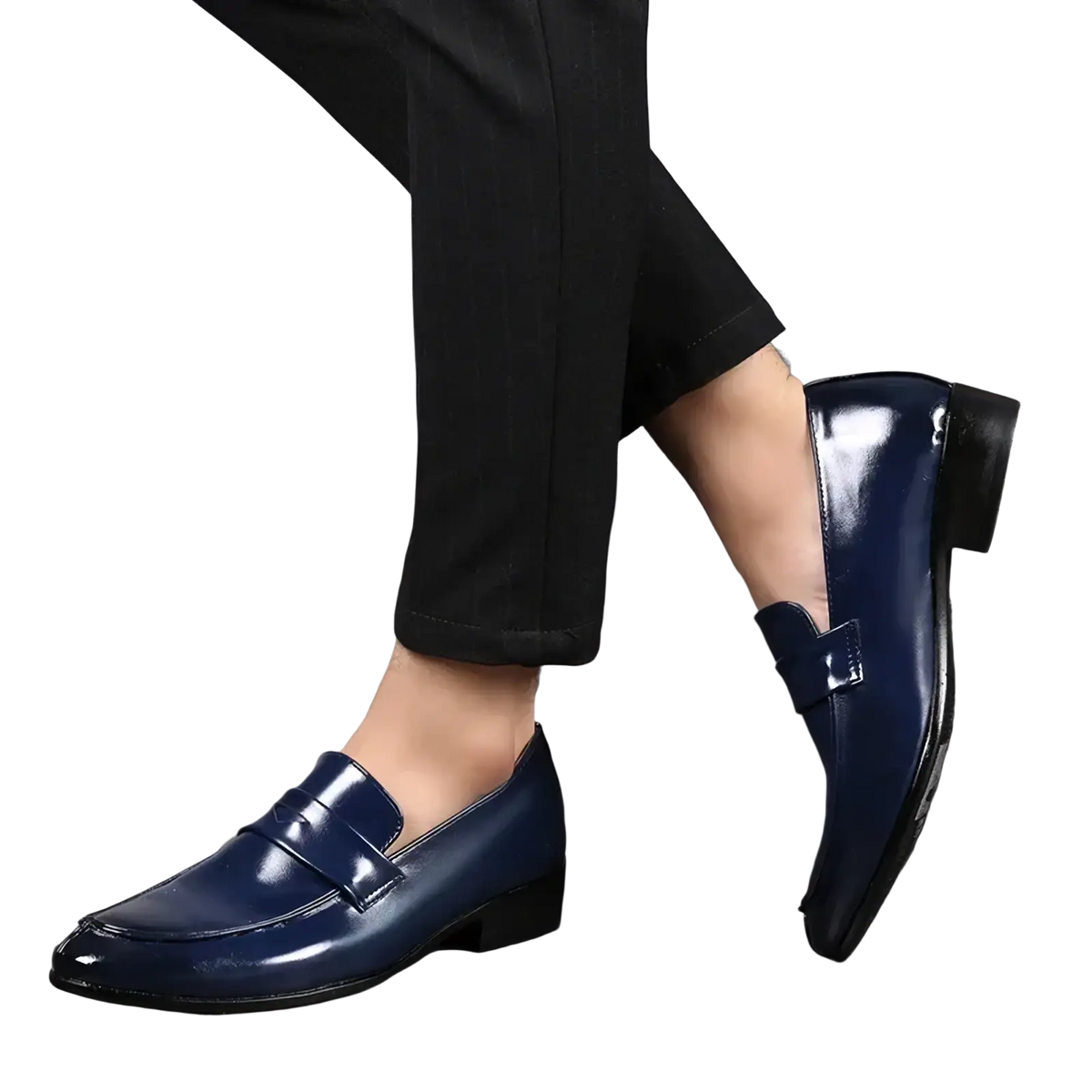 Men leather business dress shoes pointed slip navy patent leather loafers with polished finish and classic design