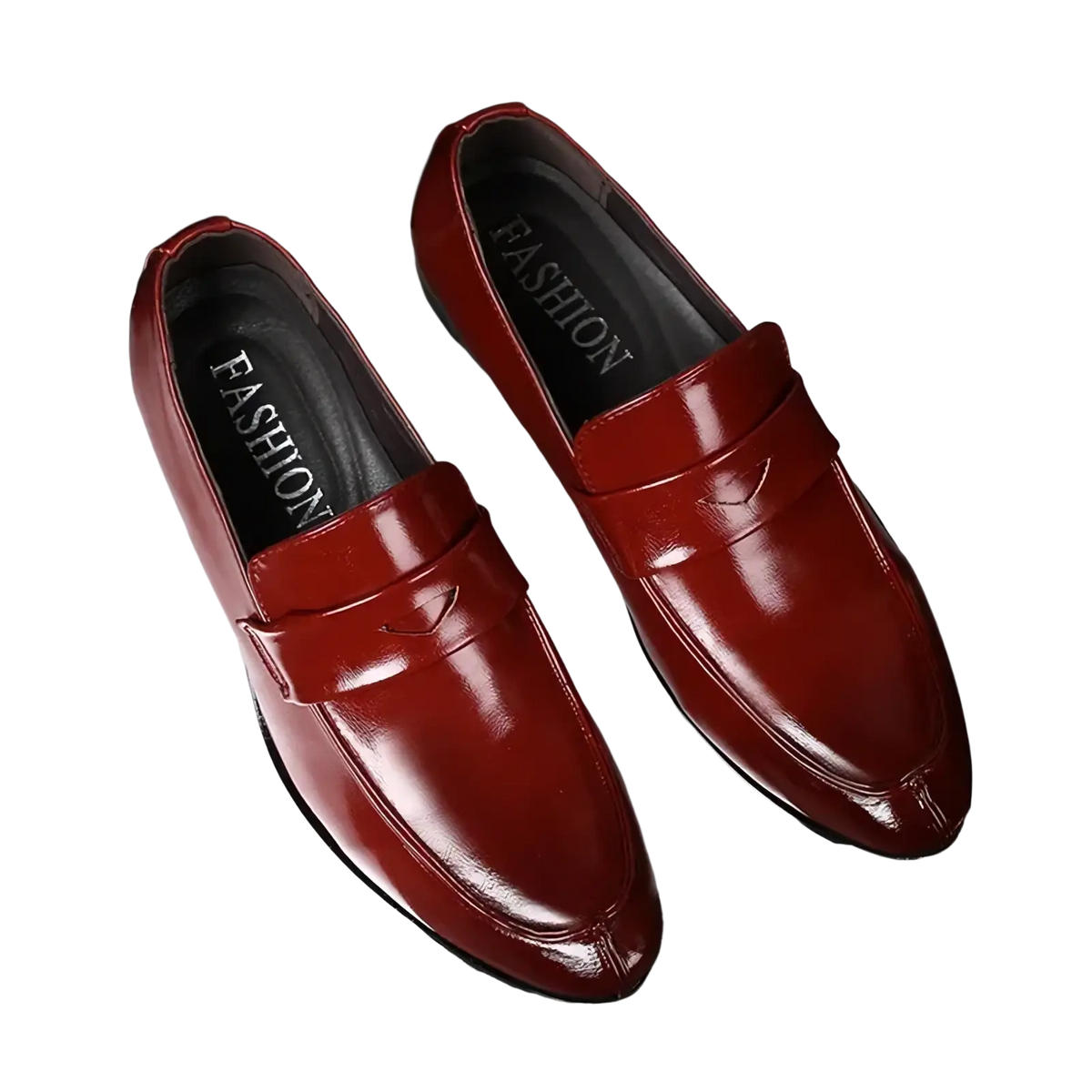Polished burgundy leather men business dress shoes with a sleek glossy finish and classic pointed slip-on design