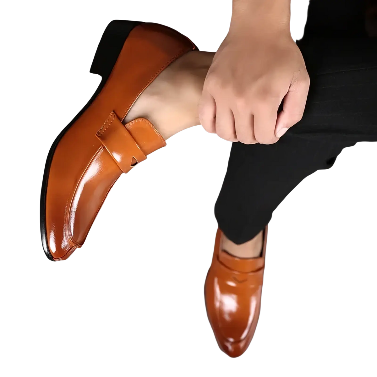 Polished tan men leather business dress loafers with pointed toe and single strap across the vamp