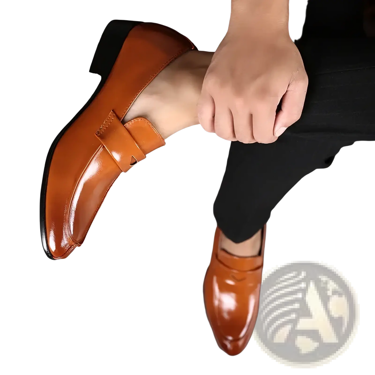 Polished tan men leather business dress loafers with pointed toe and single strap across the vamp