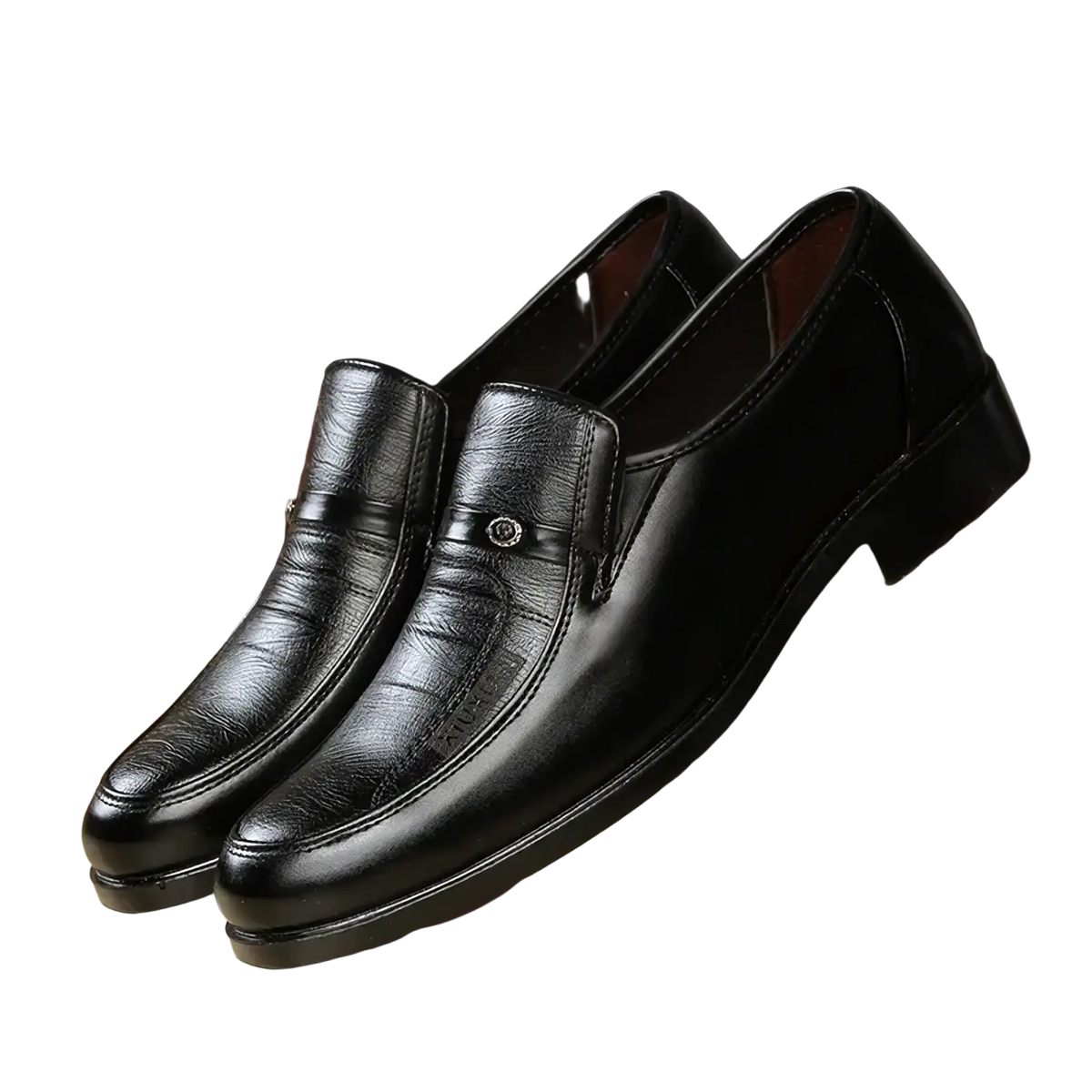 Men leather business slip-on loafers in black with a subtle textured pattern and a small metallic accent on the vamp