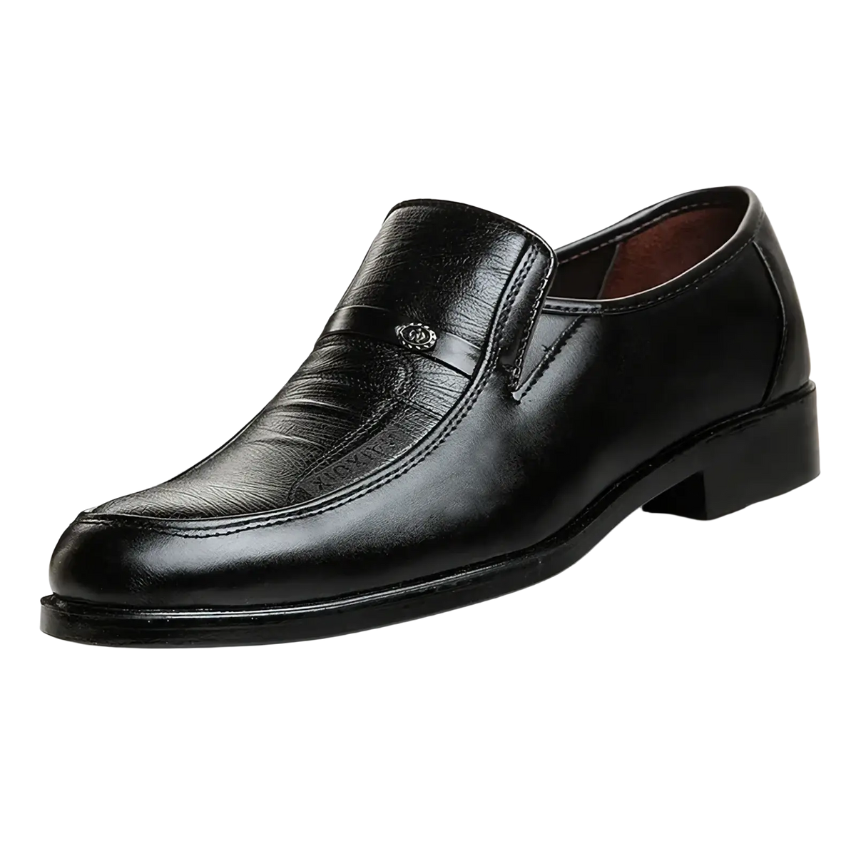 Men leather business slip-on loafers in black with polished finish and subtle embossed detailing for formal wear