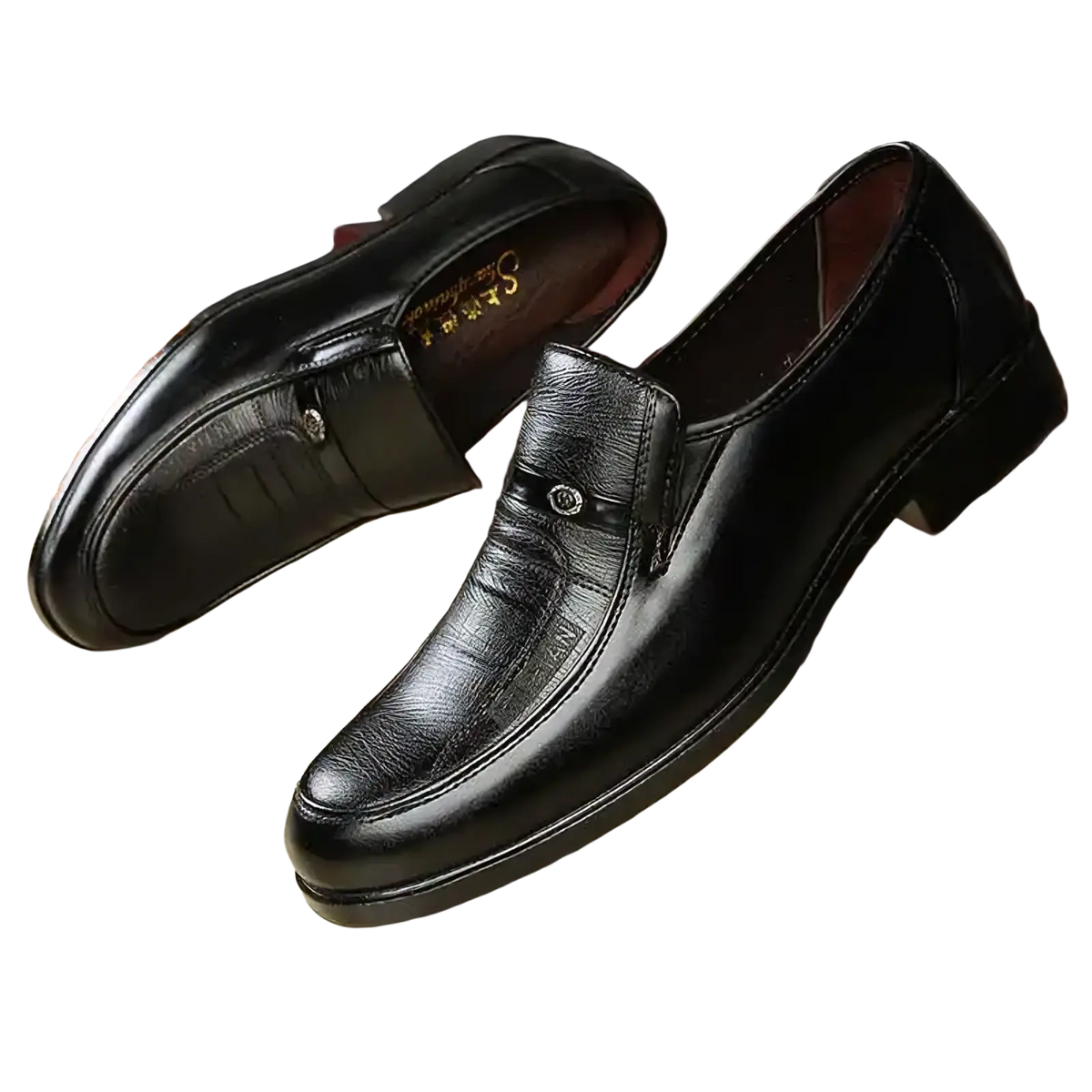 Black leather men’s business slip-on loafers with subtle textured pattern and small metallic emblem on strap