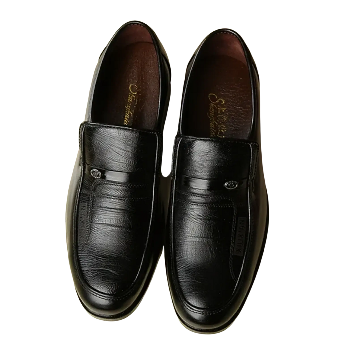 Men leather business slip-on loafers in black with glossy finish and subtle embossed texture for formal use
