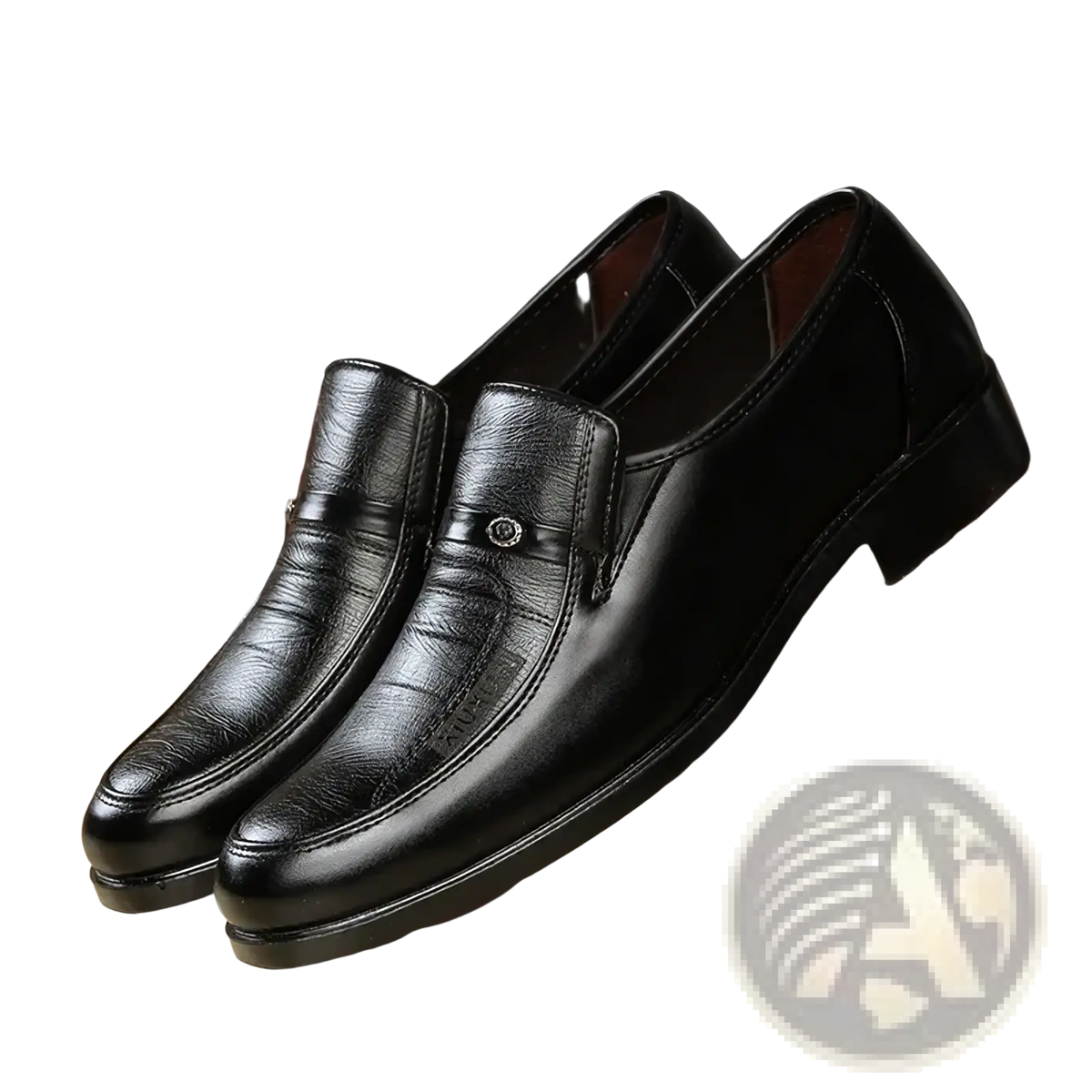 Men leather business slip-on loafers in black with a subtle textured pattern and a small metallic accent on the vamp