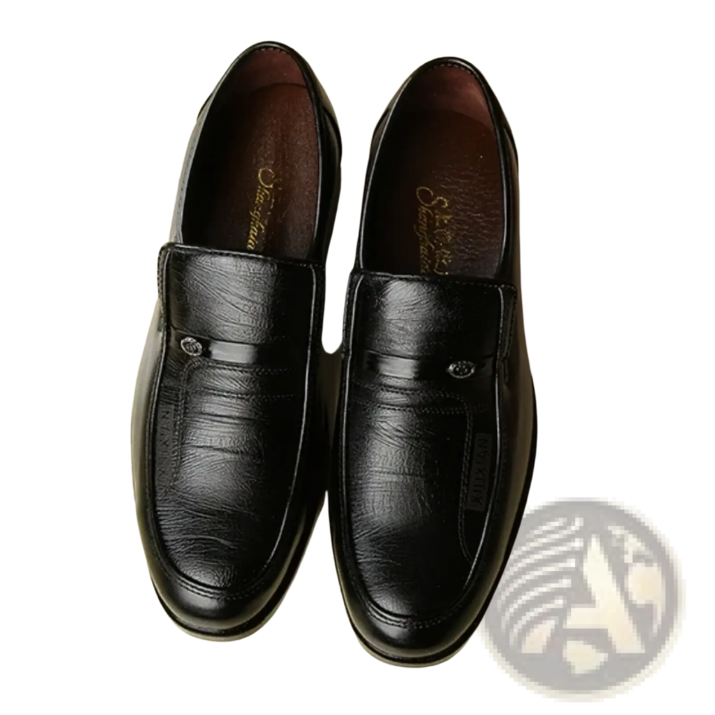 Men leather business slip-on loafers in black with glossy finish and subtle embossed texture for formal use