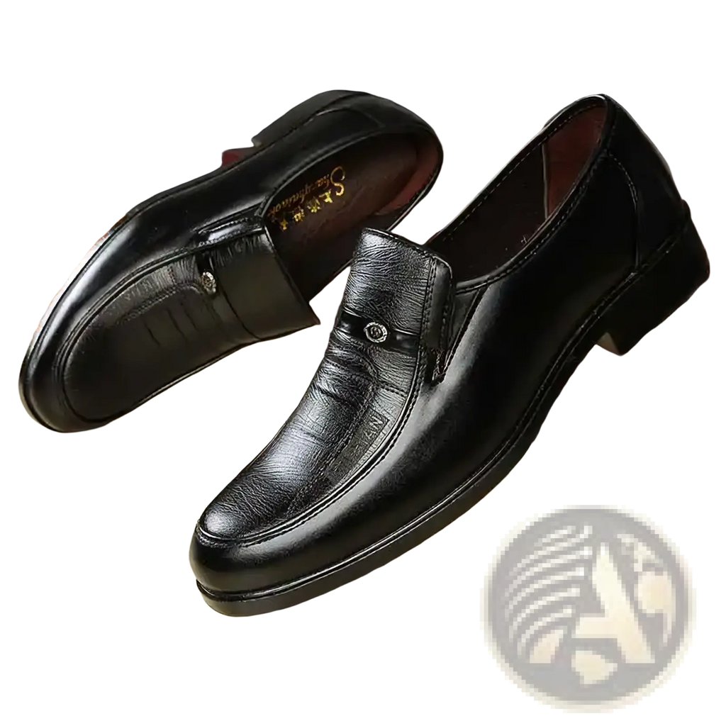Black leather men’s business slip-on loafers with subtle textured pattern and small metallic emblem on strap
