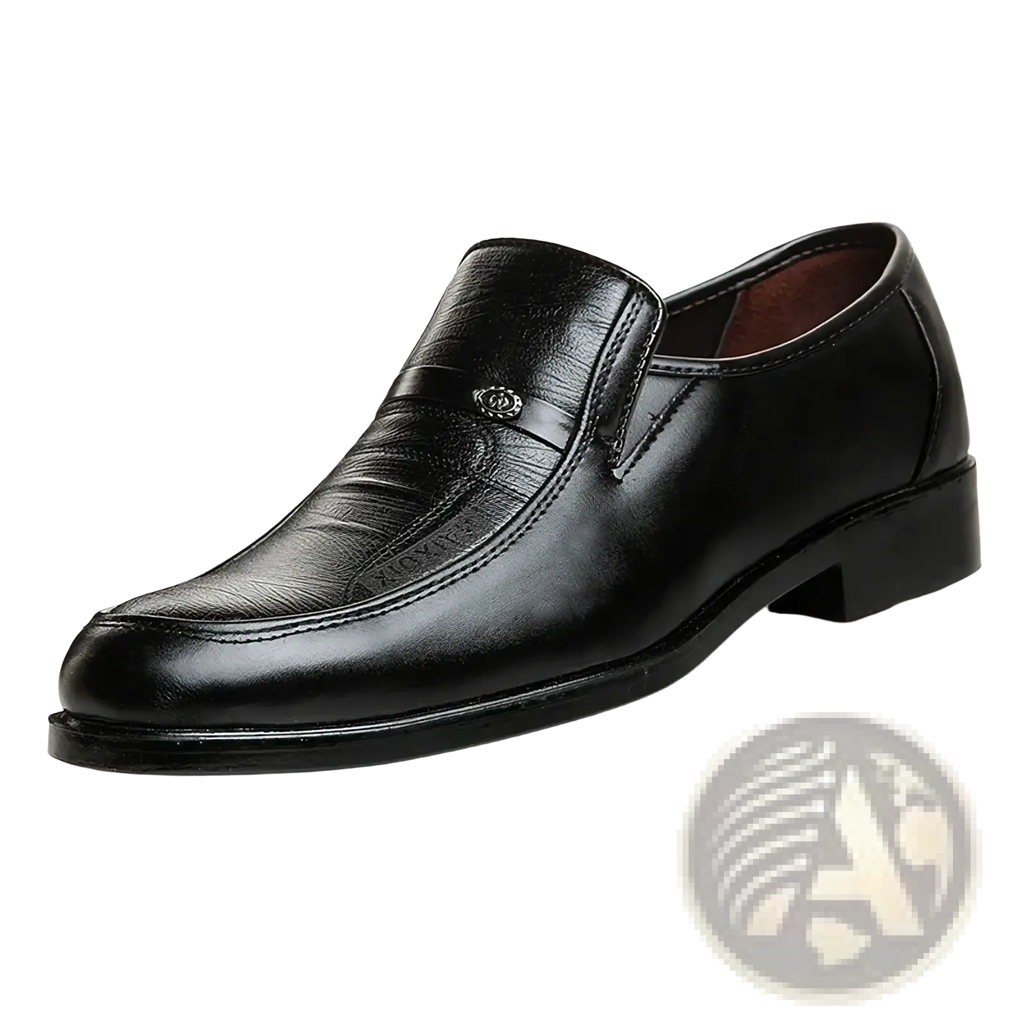 Men leather business slip-on loafers in black with polished finish and subtle embossed detailing for formal wear