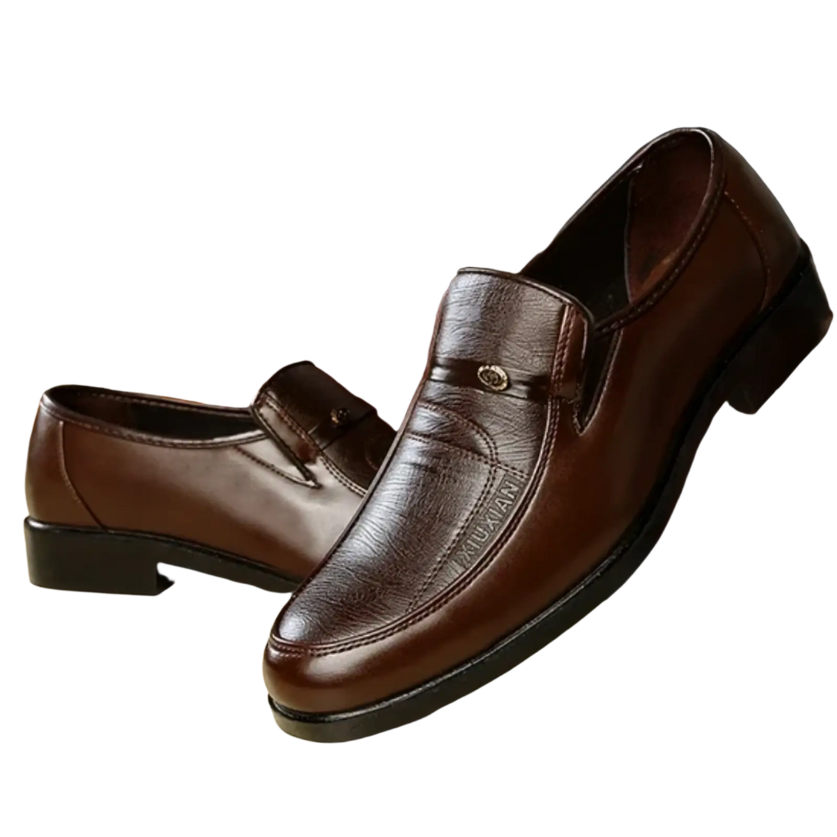Men leather business slip-on loafers in brown with a subtle textured pattern and a small metallic emblem on the vamp