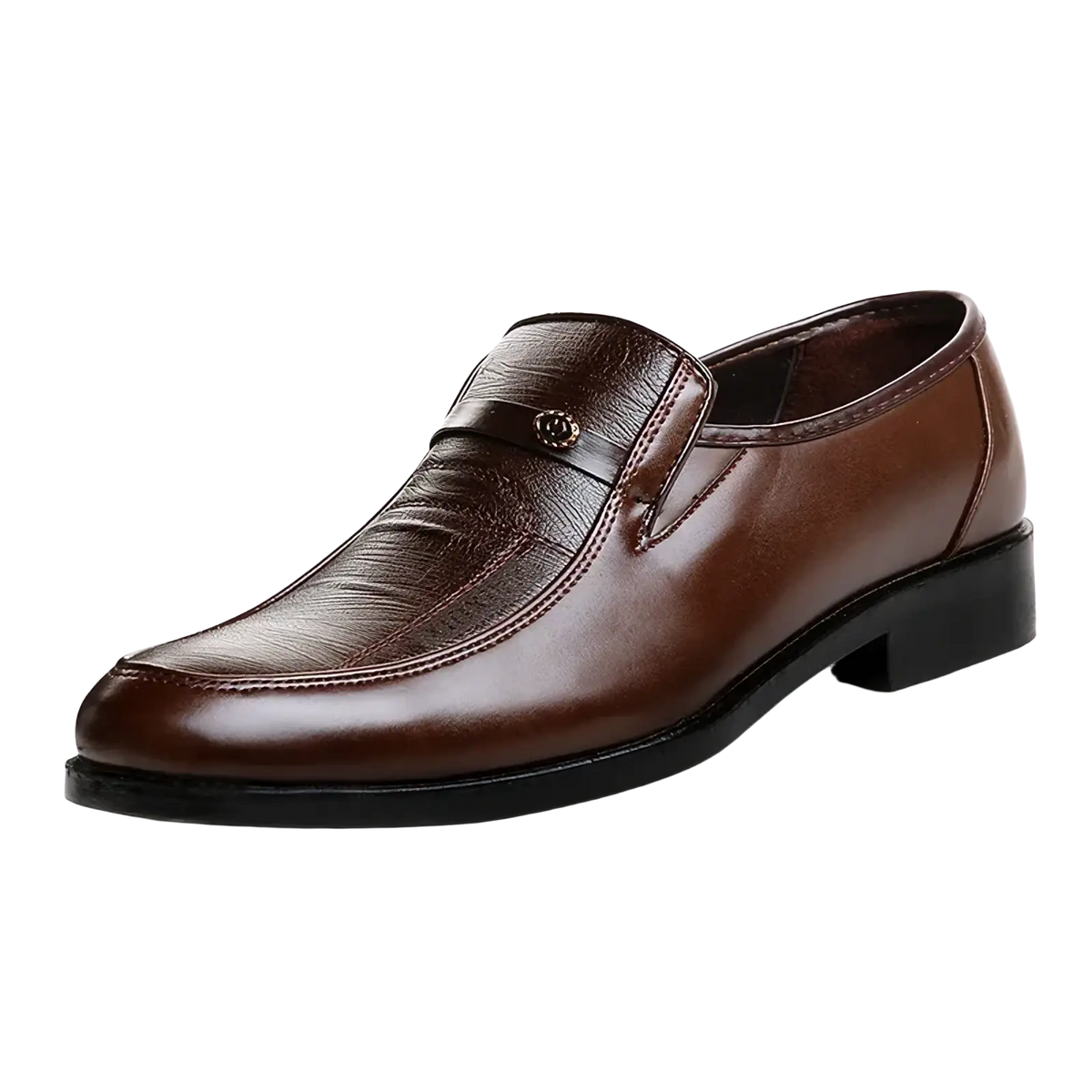Men leather business slip-on loafers in brown with subtle textured pattern and metallic emblem on the strap