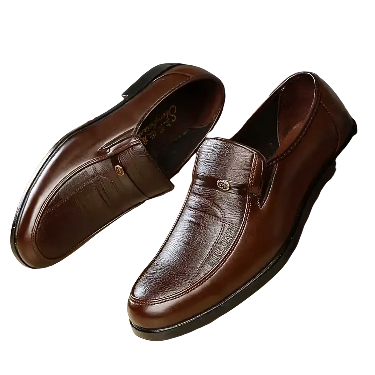 Men leather business slip-on loafers in brown leather with polished finish and subtle stitching details