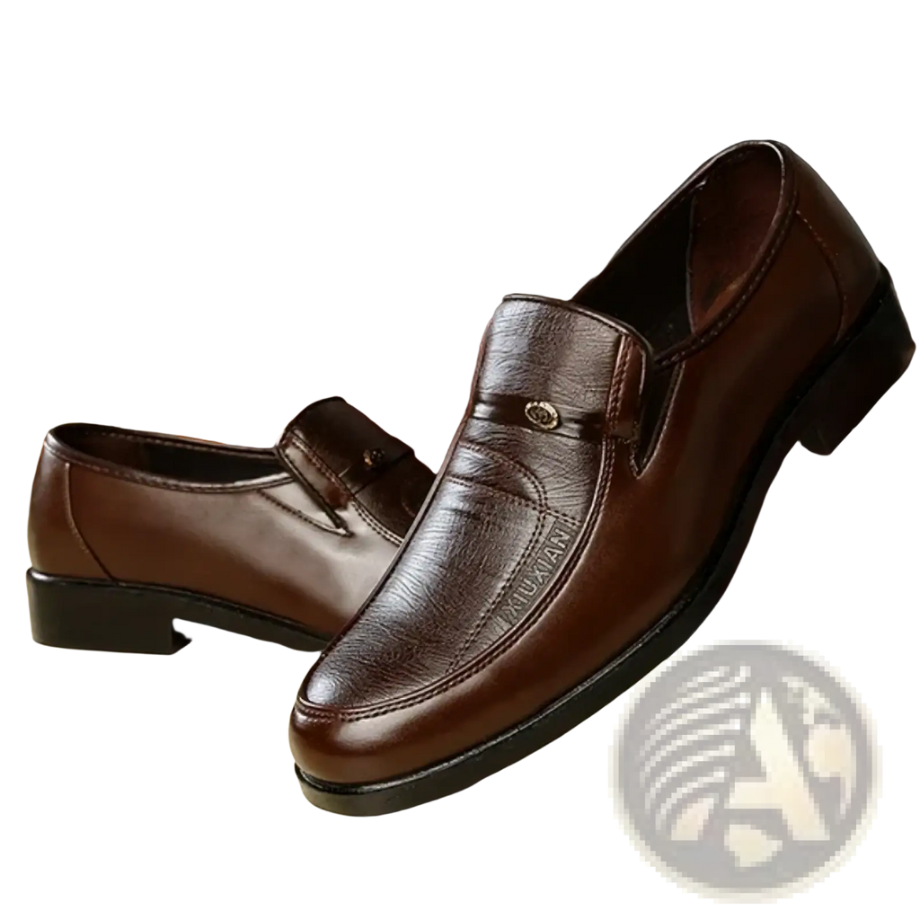 Men leather business slip-on loafers in brown with a subtle textured pattern and a small metallic emblem on the vamp