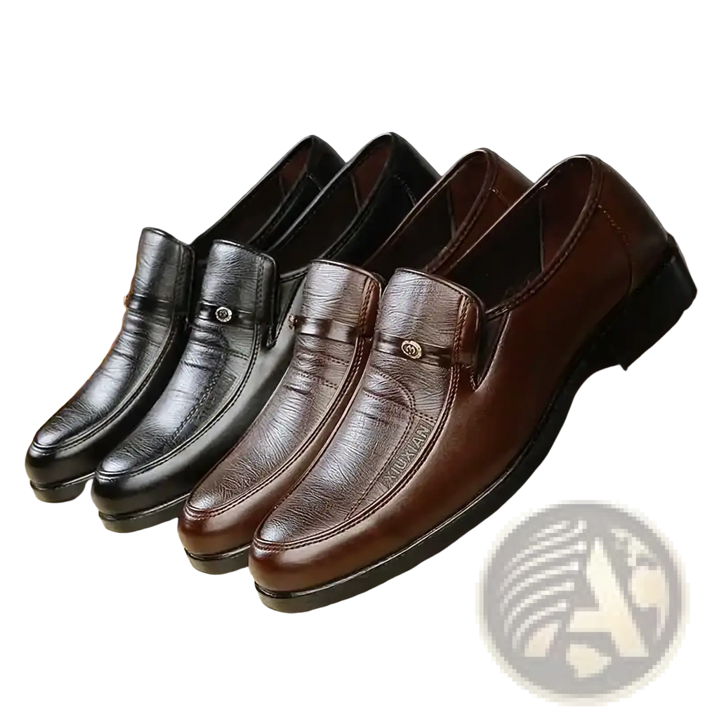 Men leather business slip-on loafers in brown with a subtle textured pattern and metallic buckle detail on the vamp