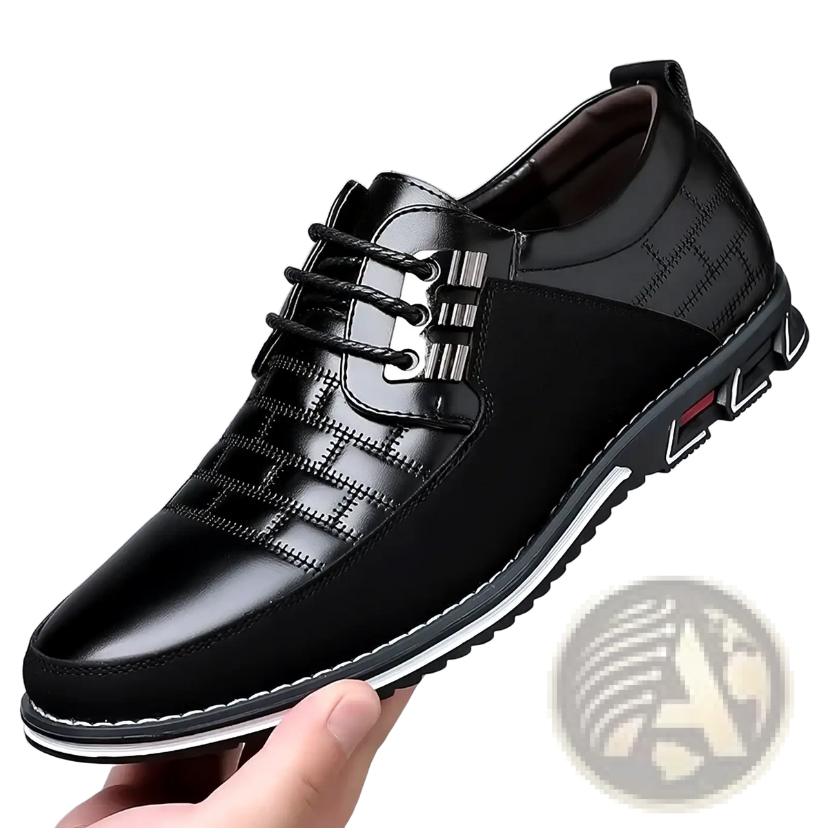 Men leather casual business shoe in black leather with glossy finish textured grid pattern and red heel accent detail