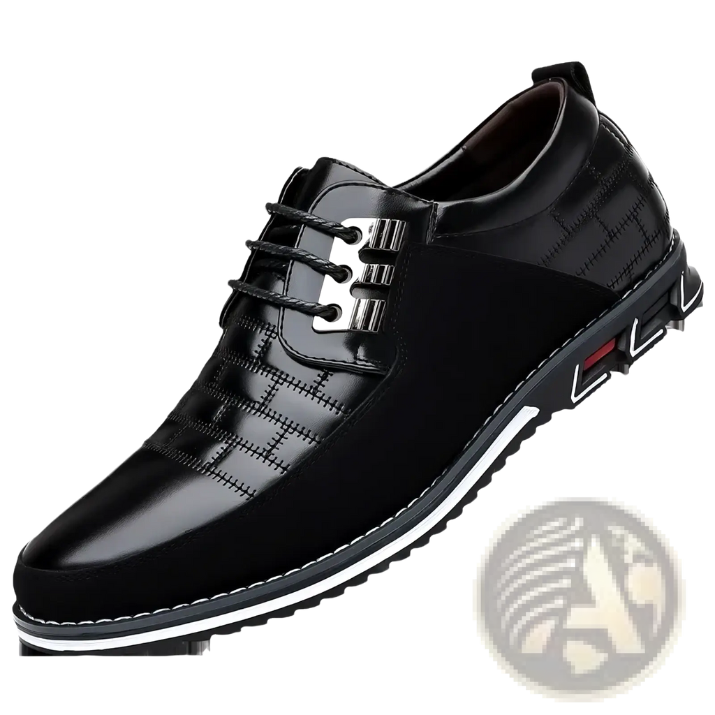 Men leather casual business shoes in black leather with glossy finish silver buckle accents and white-trimmed rubber sole