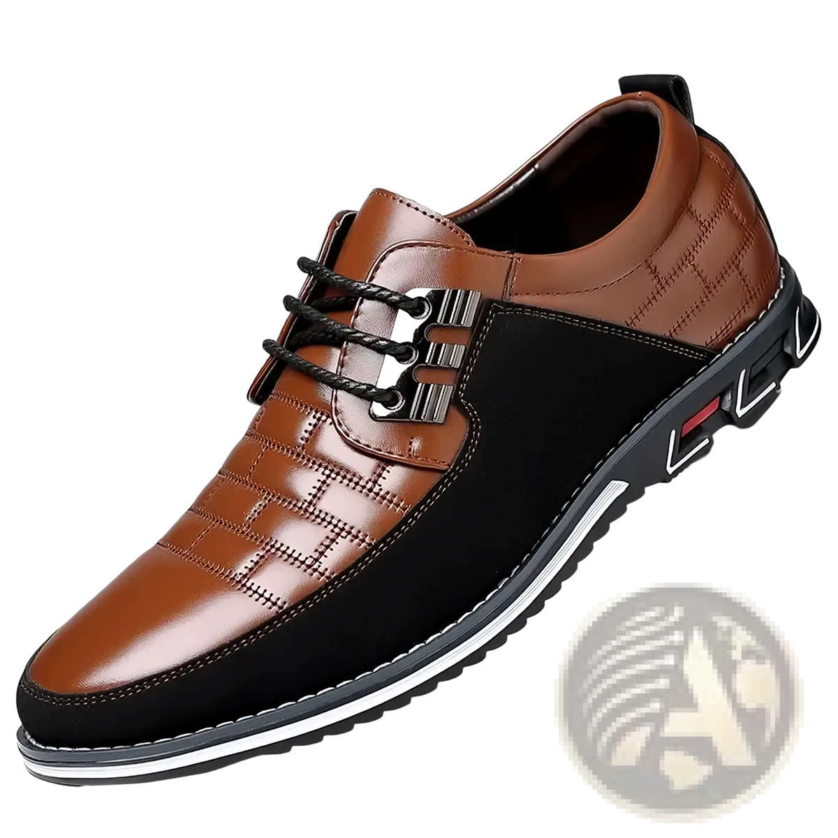 Men leather casual business shoe in brown and black with textured toe cap, silver eyelets, and white-trimmed rubber sole