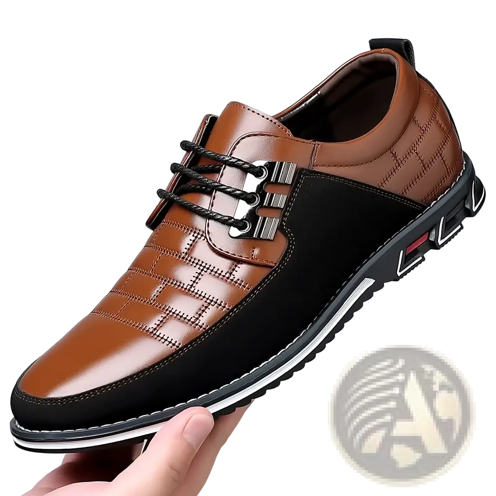 Men leather casual business shoes in brown and black with quilted leather and silver-toned lace eyelets