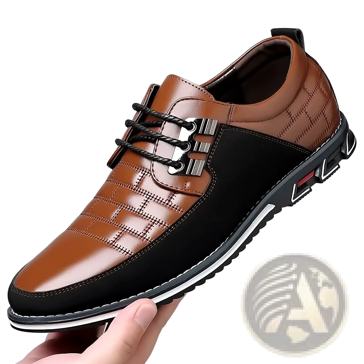 Men leather casual business shoes in brown and black with quilted leather and silver-toned lace eyelets