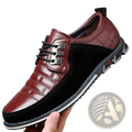 Men leather casual business shoe in burgundy and black with textured leather toe cap and lace-up design