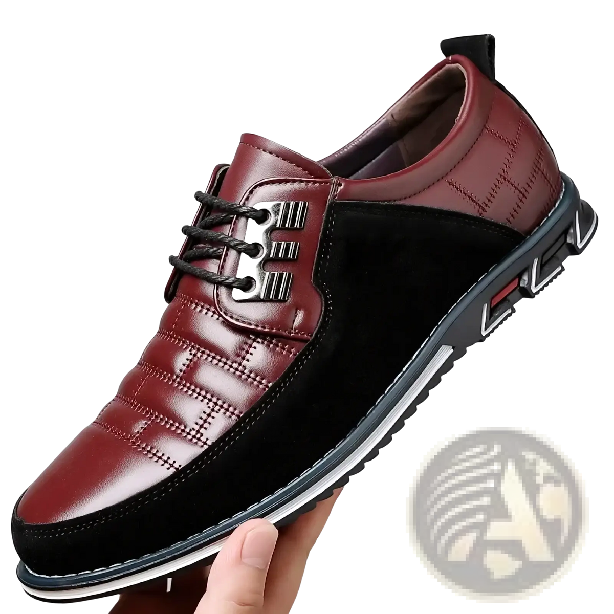 Men leather casual business shoe in burgundy and black with textured leather toe cap and lace-up design