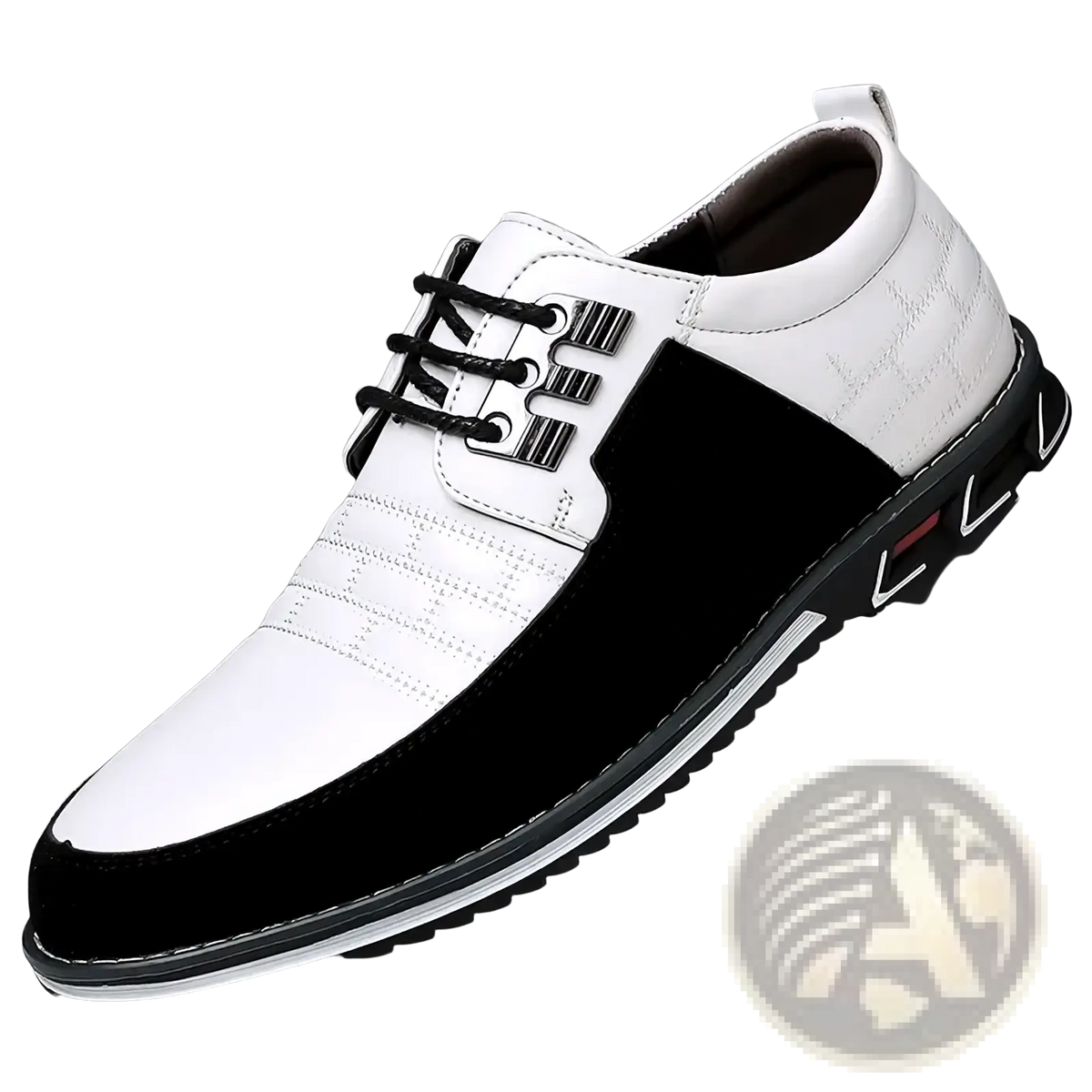 Men leather casual business shoes in white and black two-tone leather with lace-up design and quilted toe cap detailing