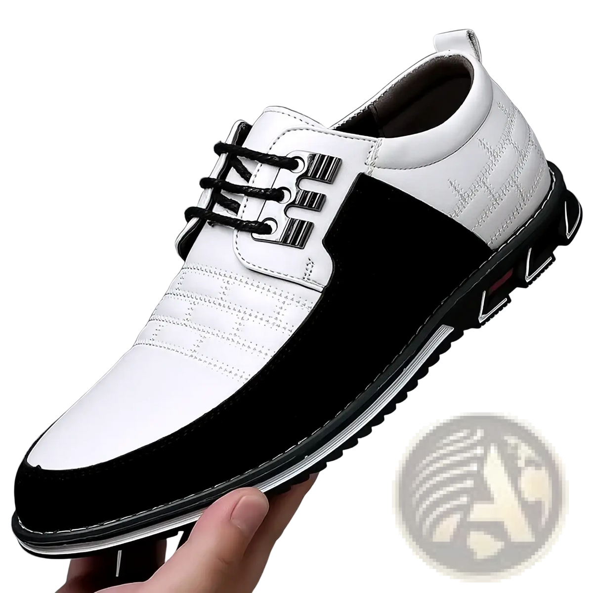 Men leather casual business shoe in white and black two-tone leather with textured toe cap lace-up design