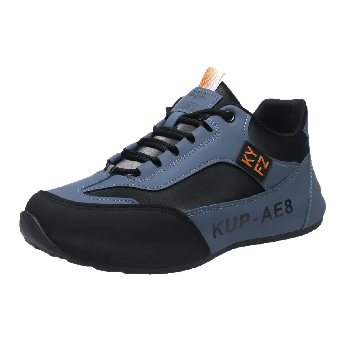 Men leather casual loafers sneaker in blue and black with textured upper and orange branding on tongue and side panel