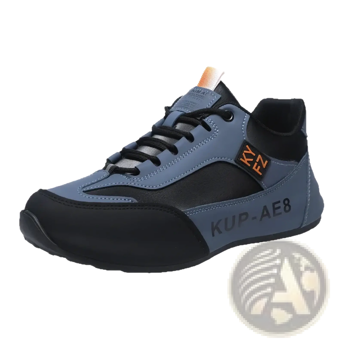 Men leather casual loafers sneaker in blue and black with textured upper and orange branding on tongue and side panel