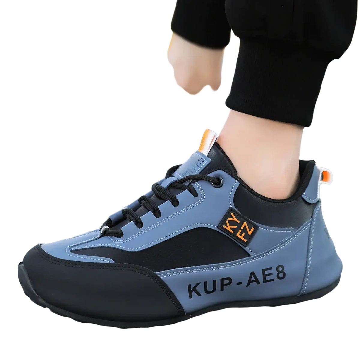 Men leather casual loafers sneaker in gray and black with orange branding details for athletic use
