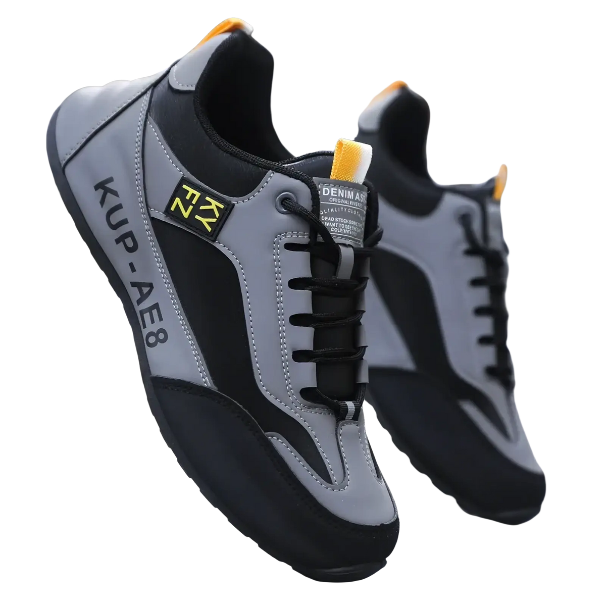 Men leather casual loafers sneaker in gray and black leather with yellow accents and sleek visible branding on the side