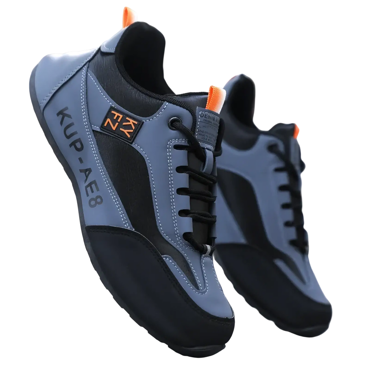 Men leather casual loafers sneaker with gray and black mesh upper, orange accents, and durable rubber sole for athletic use