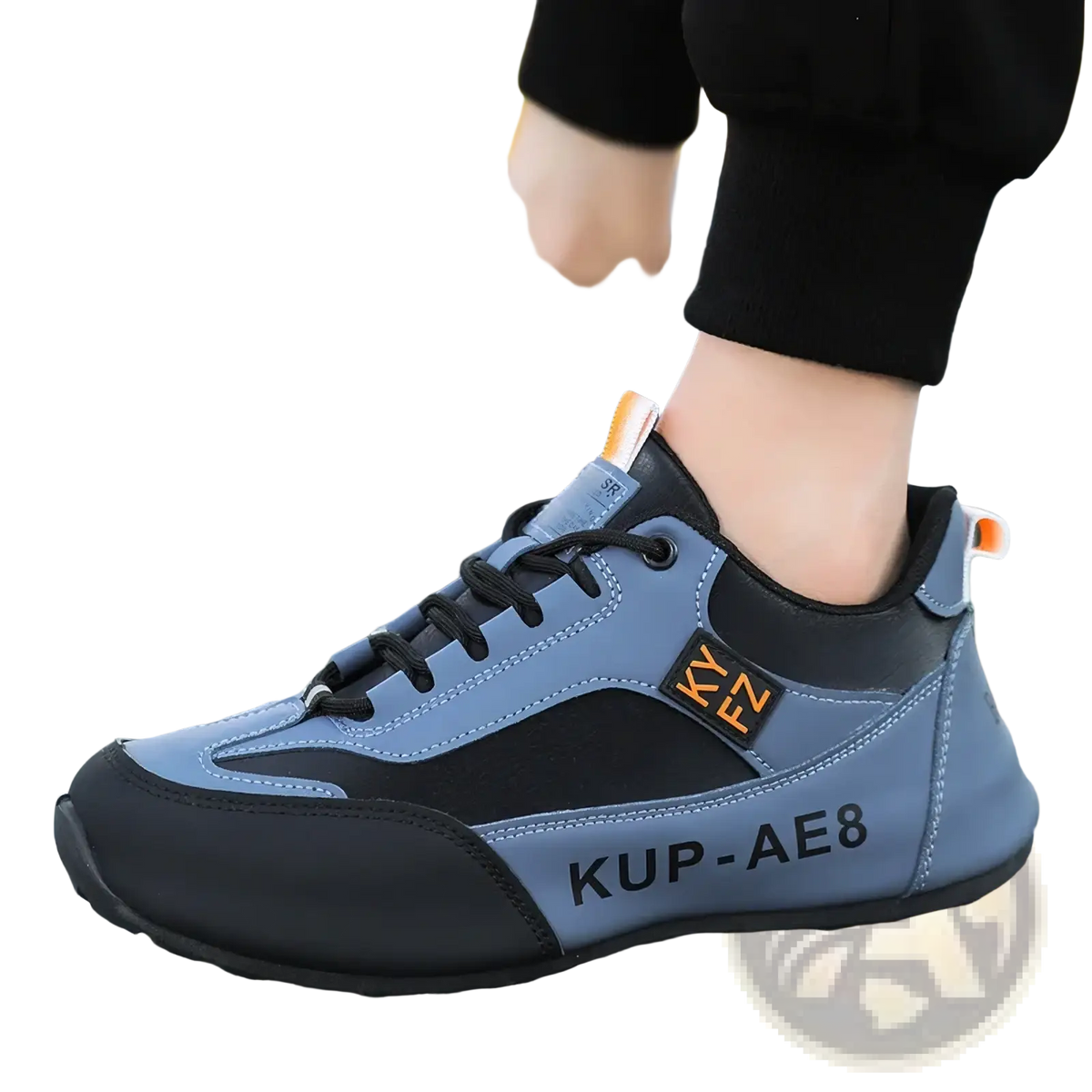 Men leather casual loafers sneaker in gray and black with orange branding details for athletic use