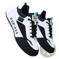 Men leather casual loafers sneaker in white and black with teal accents featuring a sleek athletic design