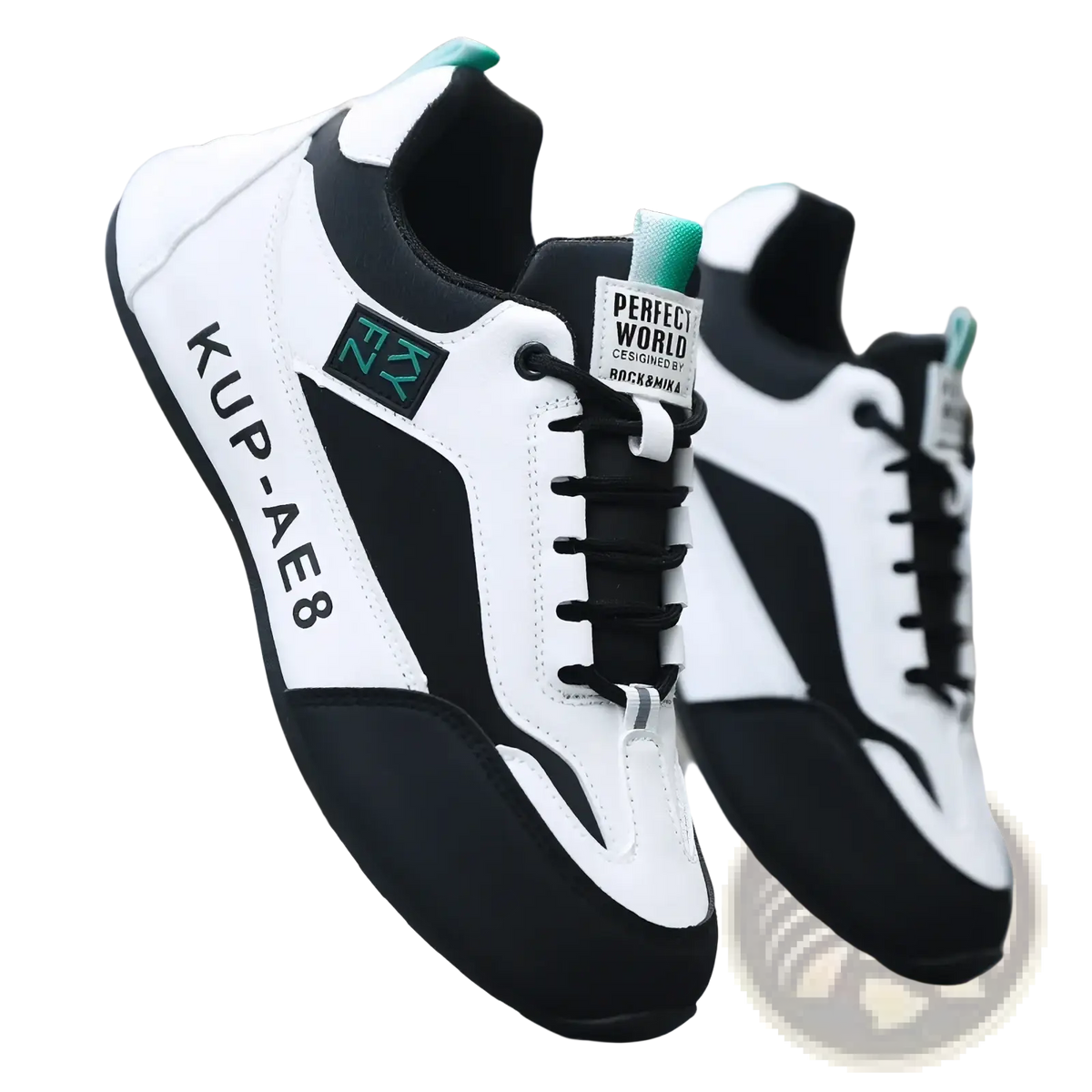 Men leather casual loafers sneaker in white and black with teal accents featuring a sleek athletic design