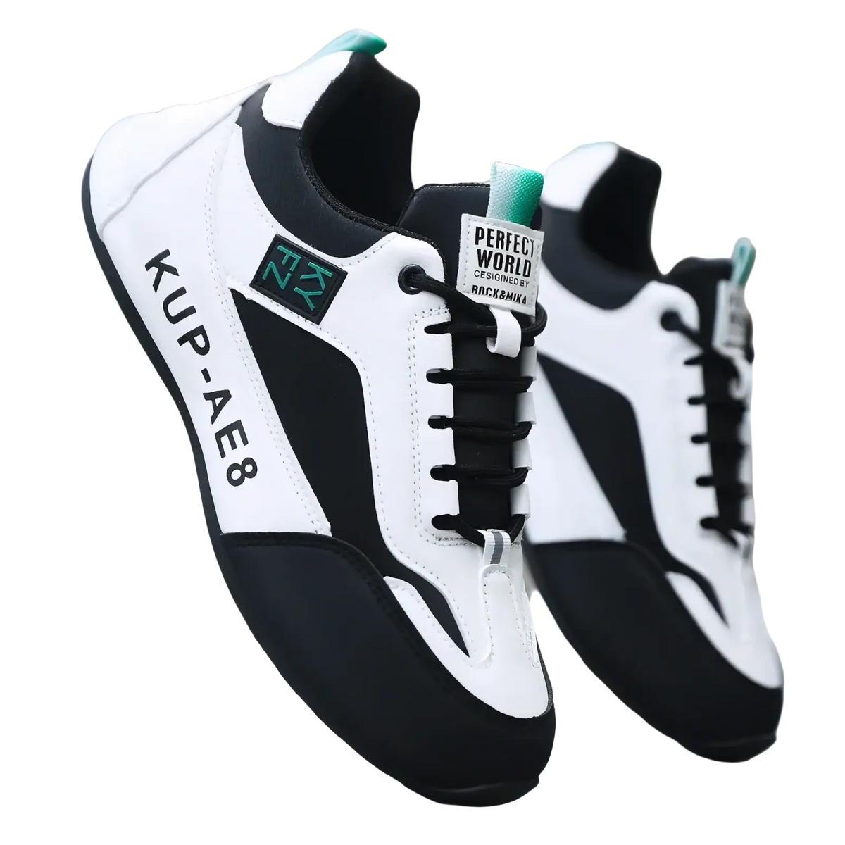 Men leather casual loafers sneaker in white and black with teal accents featuring a sleek athletic design