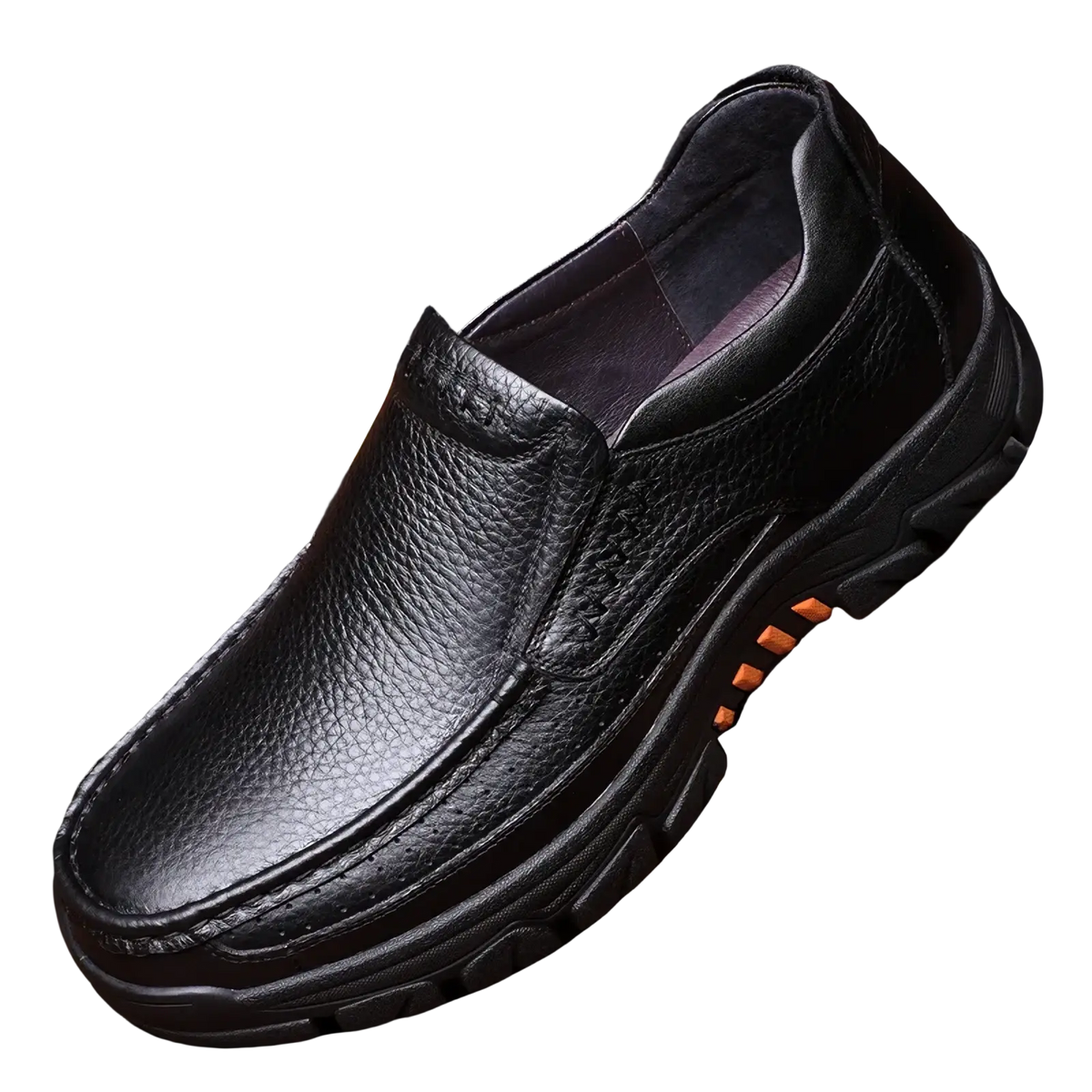 Men leather casual slip-on loafers in black with textured leather surface and orange accent details on the sole
