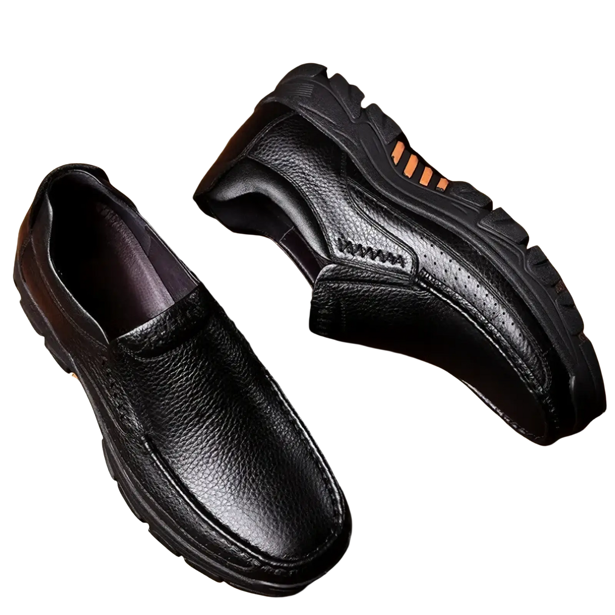 Men leather casual slip-on loafers in black textured leather with orange accent stripes on the heel back view