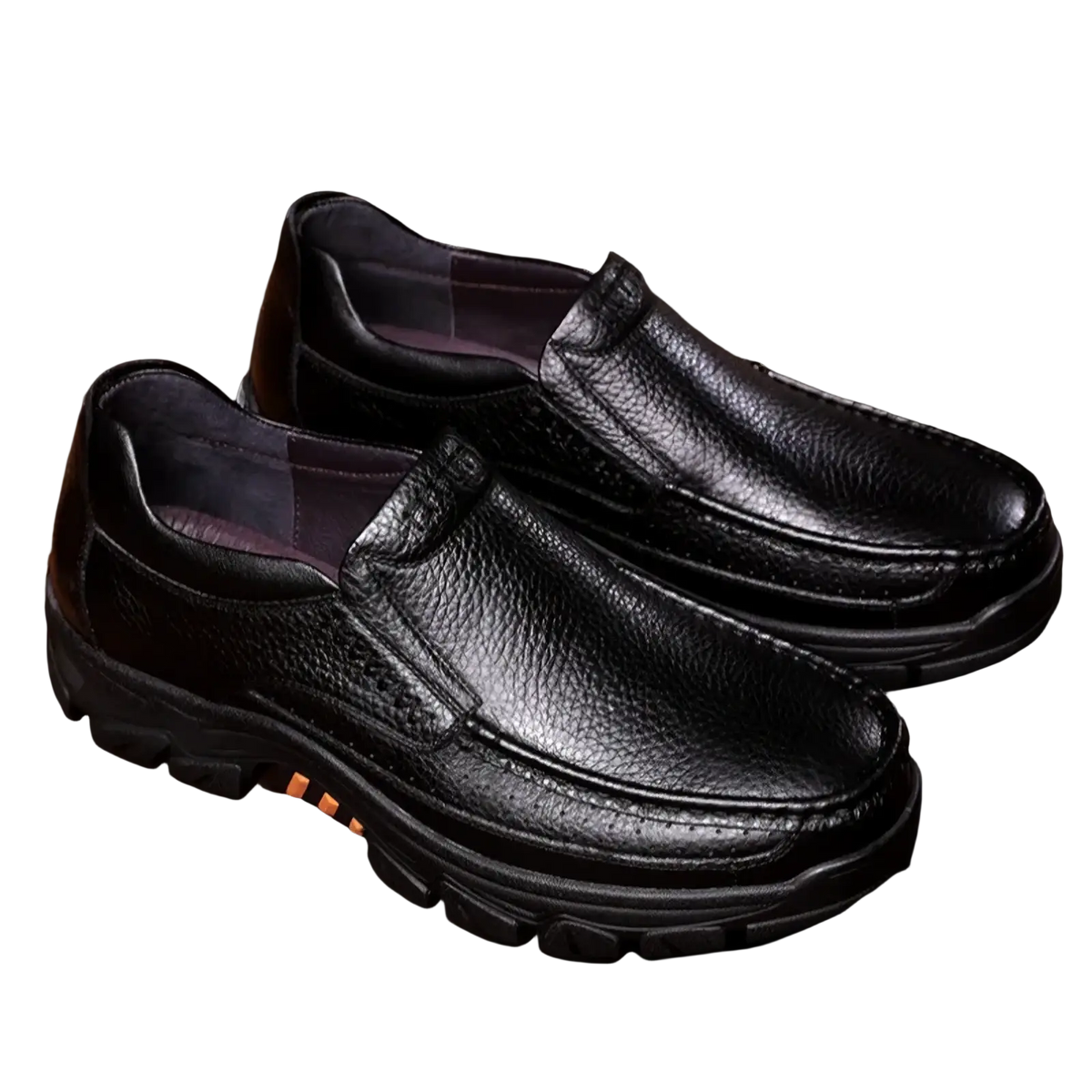 Men leather casual slip-on loafers in black with textured leather surface and rugged rubber sole for durability