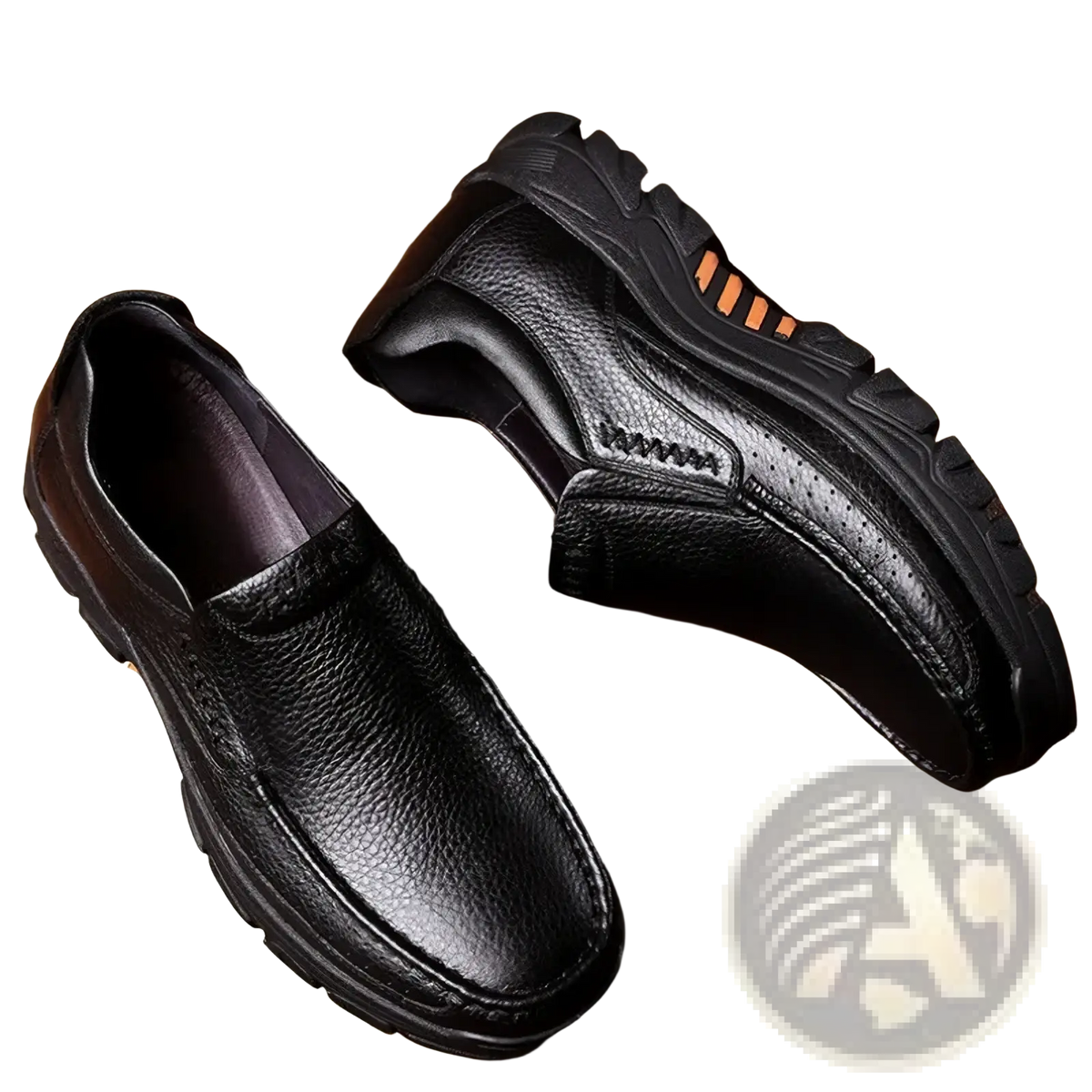 Men leather casual slip-on loafers in black textured leather with orange accent stripes on the heel back view