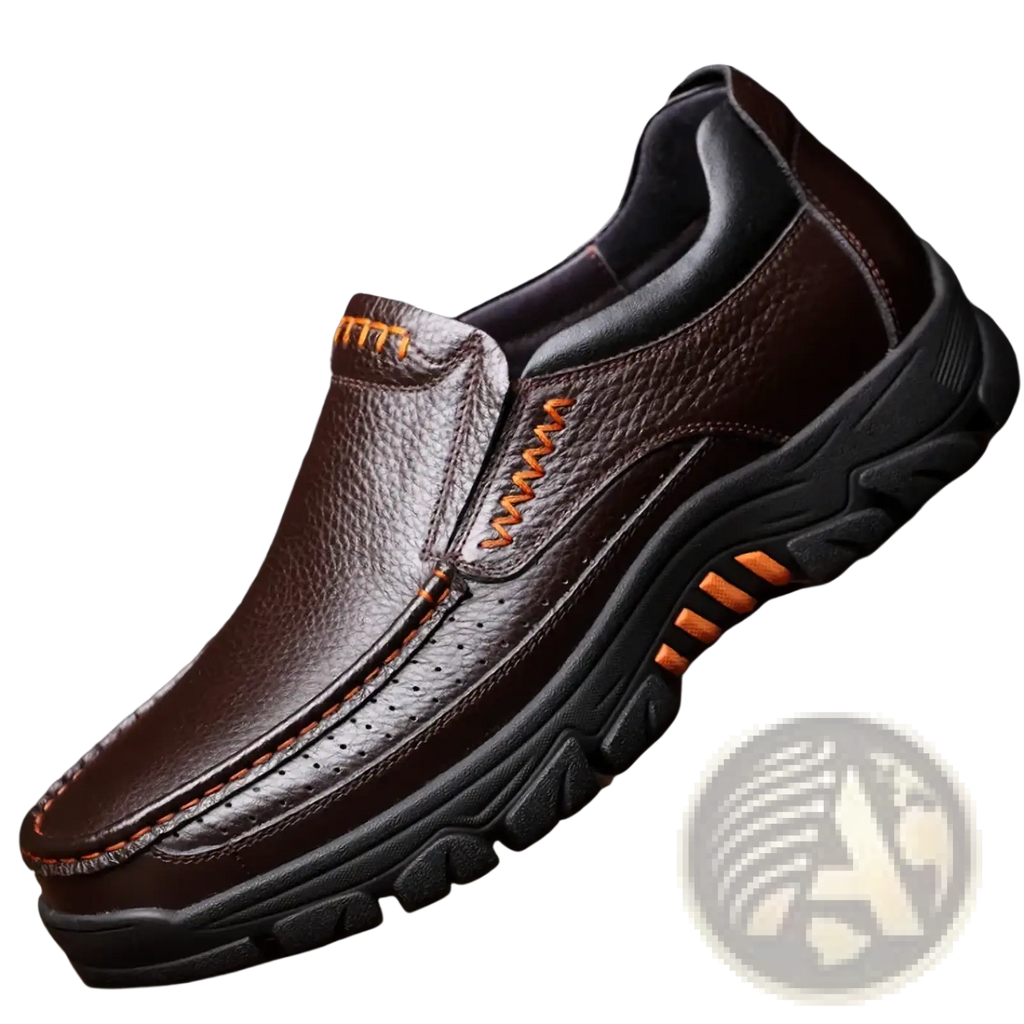 Men leather casual slip-on loafers in brown leather with black rubber sole and orange stitching accents