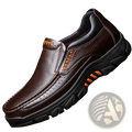 Men leather casual slip-on loafers in brown leather with black rubber sole and orange stitching accents